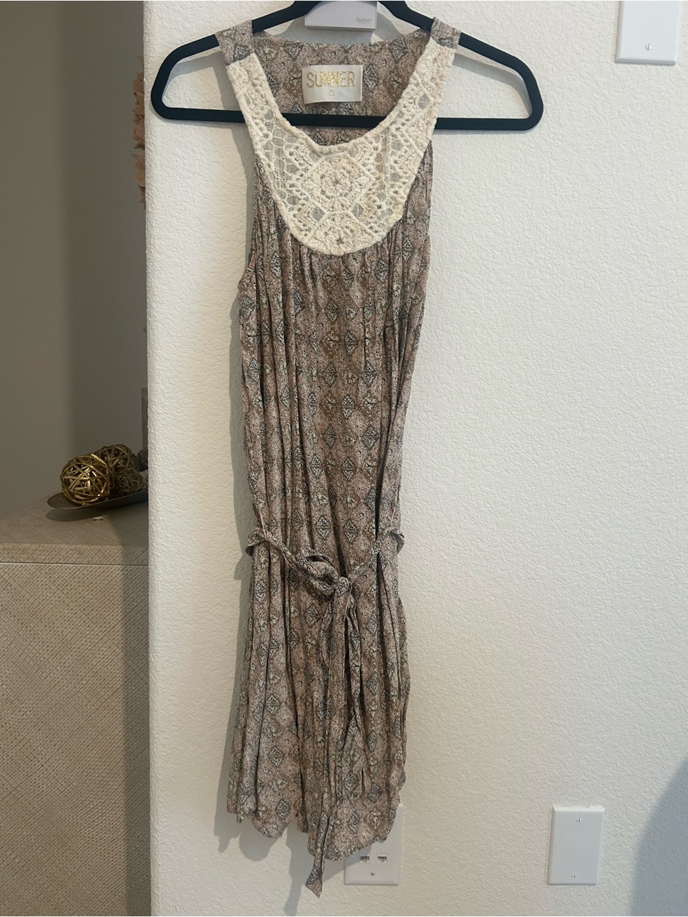 Anthropologie Sunner Silk Crochet Bib Silk Shift Dress XS Beige Tan - Picture 2 of 4